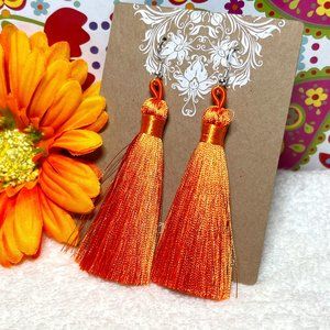 Tassel Earrings Long Drop Dangles Orange Smooth Silky Fringe Dressy Elegance NWT